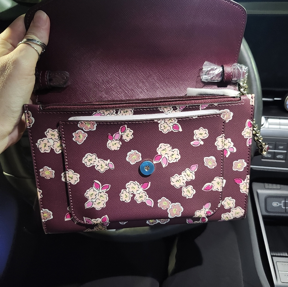 Kate Spade Flower Monogram Flap Crossbody Bag Burgundy Pink Wallet On Chain - Picture 6 of 10